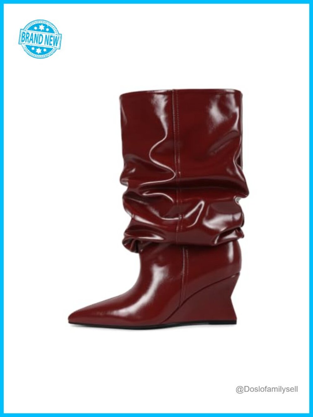 Wedge Heel Slouchy Mid Calf Boots Pointed Toe Pull On Faux Leather Wide Calf